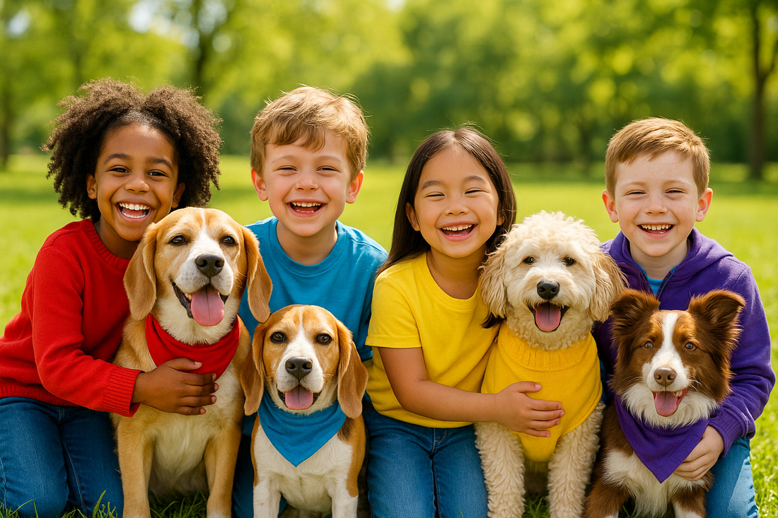 Dogs and kids matching colours of clothes
