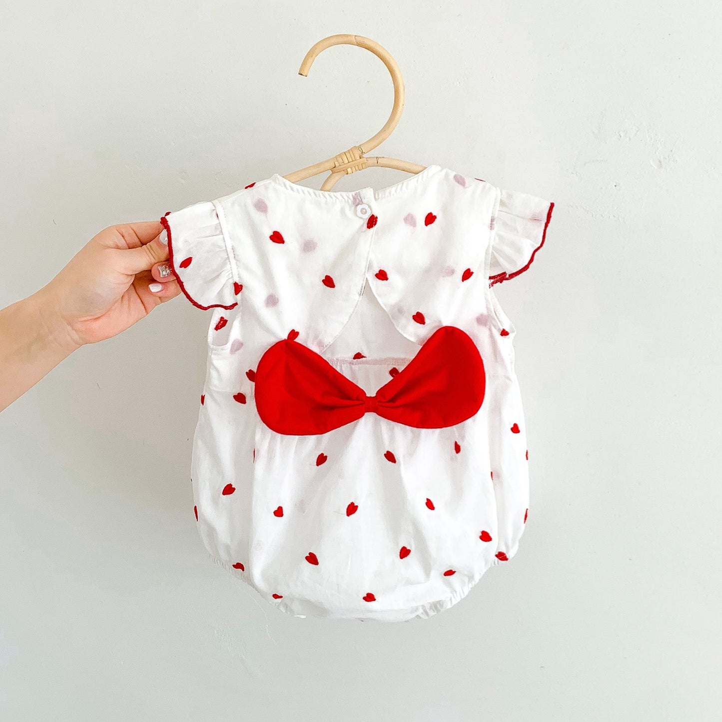 Summer Baby Girls Red Heart Print Fly Sleeves Crew Neck Onesies