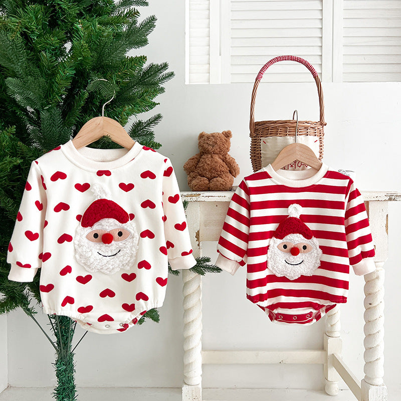 Baby Christmas Santa Claus Pattern Heart Printed Design Long Sleeved Onesies-3
