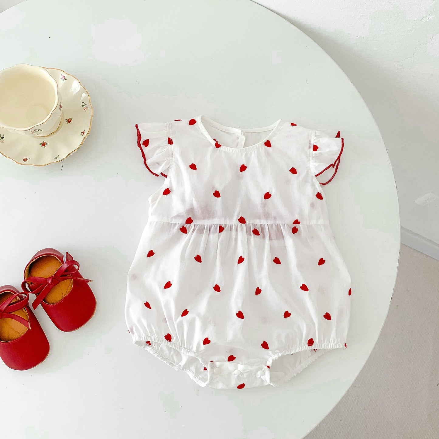 Summer Baby Girls Red Heart Print Fly Sleeves Crew Neck Onesies