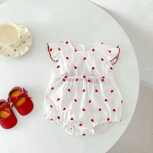 Summer Baby Girls Red Heart Print Fly Sleeves Crew Neck Onesies